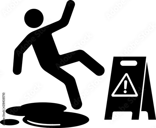 Wet floor warning hazard silhouette icon featuring slipping person figure, puddle water spill, and caution board for safety signs