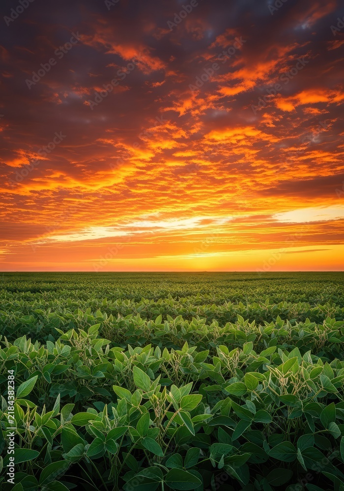 Obraz premium Lush green soybean fields stretch toward the horizon under a dramatic sunset sky filled with fiery clouds and golden light at twilight, light, cultivation, tranquility