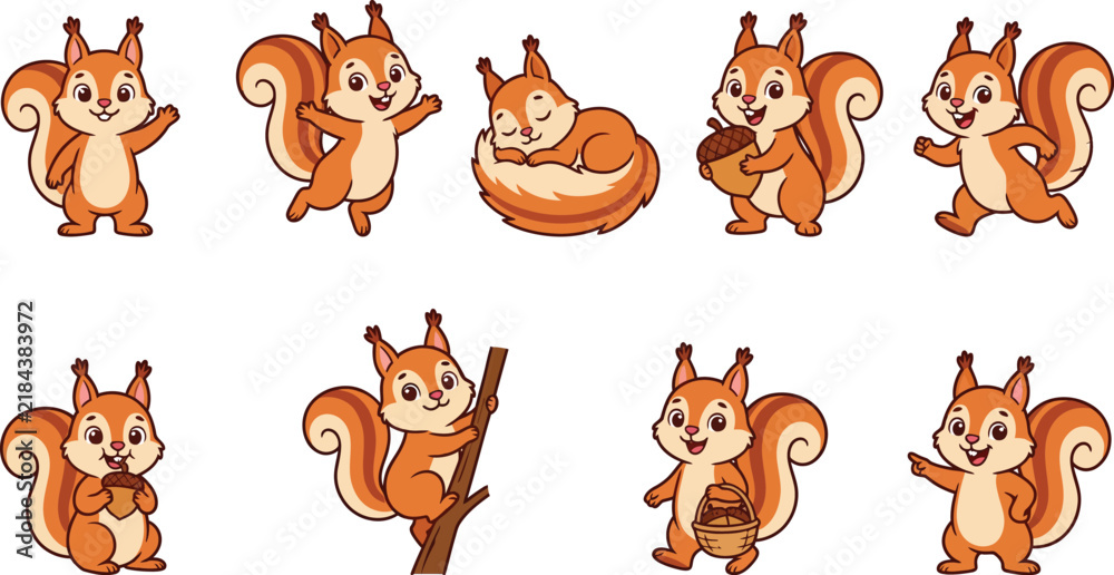 Obraz premium Cute Cartoon Squirrel Character Set in Various Poses Holding Acorn, Sleeping, Climbing Tree, Running, and Waving for Children Design Vector Illustration