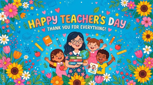 Happy Teacher's Day Colorful Cartoon with Teacher, Students, Flowers and Balloons