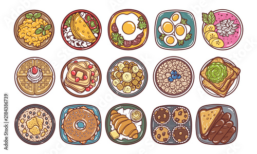 Breakfast foods top view handrawn vector illustration set