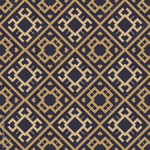 Geometric pattern features repeating diamond shapes. Gold lines contrast against deep navy background. Design evokes traditional, symmetrical, ornamental style