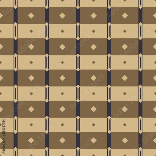 Geometric pattern features repeating squares and diamonds. Beige and brown tones create warm, structured design. Vertical lines add subtle texture to repeating grid