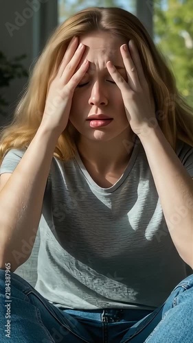 A young woman is troubled and holds her head in her hands.