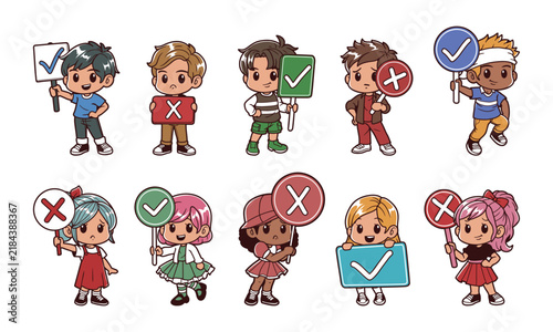 Kids character with correct and wrong sign handrawn vector illustration set