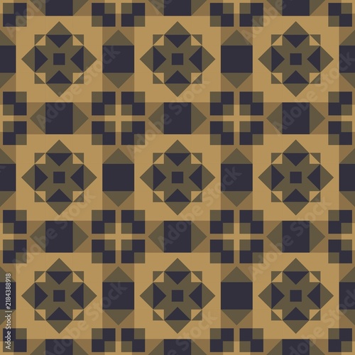 Geometric pattern with repeating diamond and square motifs. Bold shapes in dark brown and tan tones. Modern, symmetrical design for interior or fashion use