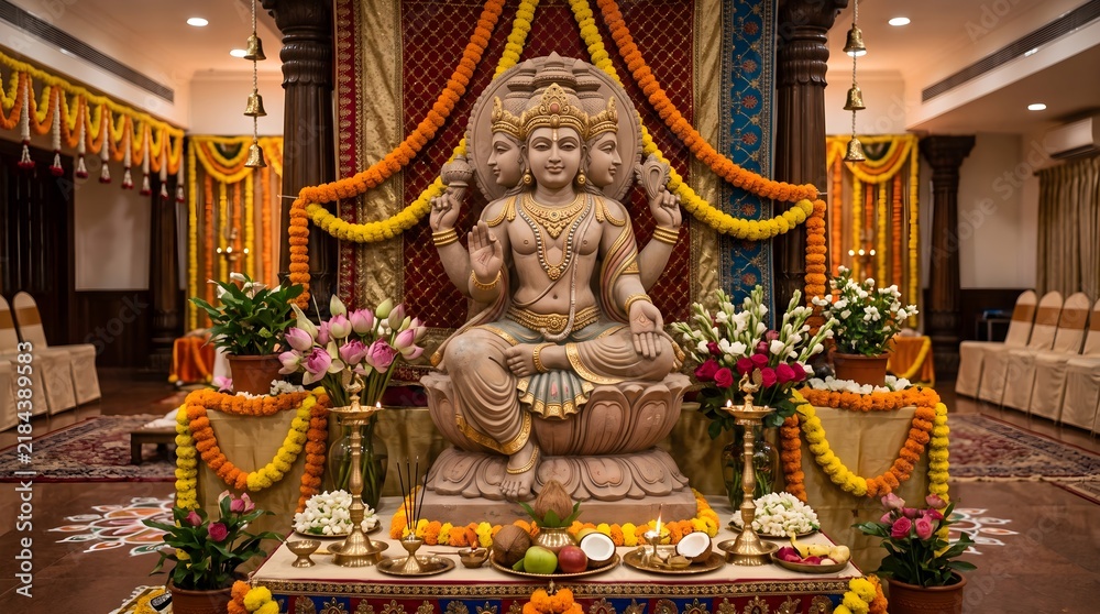 Fototapeta premium Beautiful Brahma Deity Statue with Traditional Hindu Event Decorations and Sacred Ambiance
