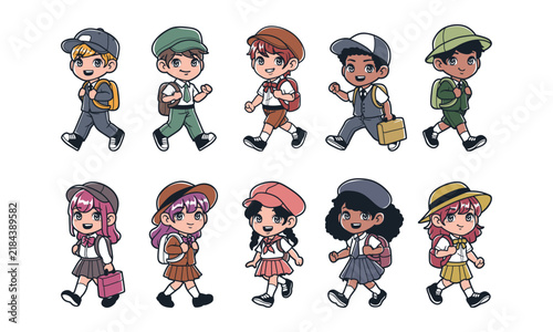 Kids character walking to school handrawn vector illustration set