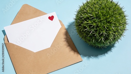 Minimalist envelope with heart sticker next to small potted succulent on blue background
