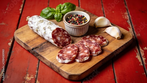 Rustic wooden board with sliced salami, garlic, and fresh basil on red background