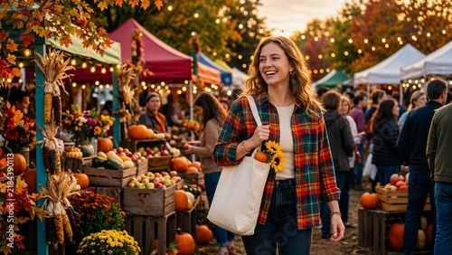 Smiling young woman shopping at an outdoor autumn farmers market with pumpkins and fall harvest during golden hour
