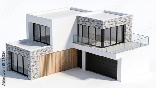 Modern minimalist two-story house with stone and wood exterior design
