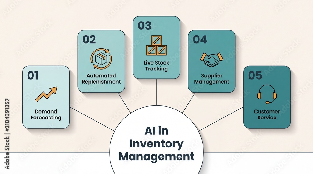 Obraz premium AI in inventory management diagram with five connected cards from demand forecasting to customer service