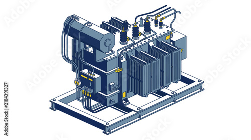 Detailed Isometric View of a Powerful Electrical Transformer Unit.