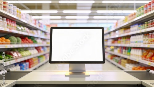 Modern computer monitor displaying blank screen in front of colorful grocery store shelves