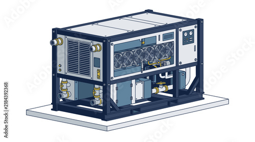 Industrial Chiller Unit with Complex Machinery and Piping.