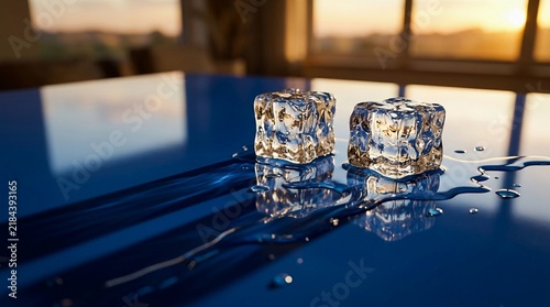 Two crystal clear ice cubes melting on a reflective blue surface with warm sunset light and golden hour bokeh