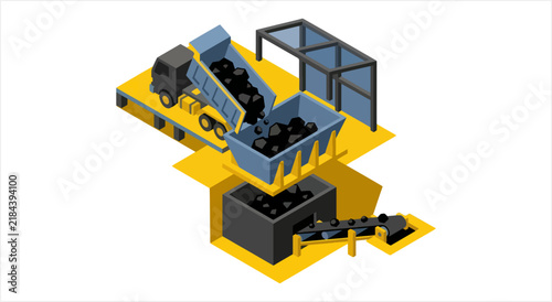 Industrial truck unloading coal into a processing facility.