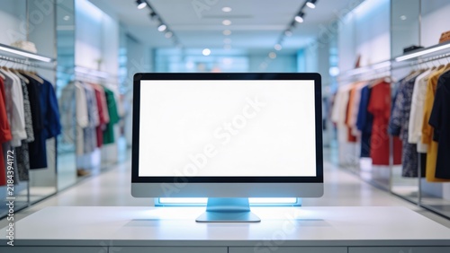 Modern retail store display with blank screen and clothing racks in stylish boutique setting