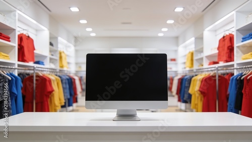 Modern retail store with flat-screen display surrounded by colorful clothing racks