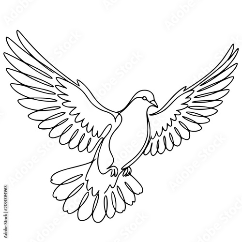 Minimalist line art vector illustration showing elegant flying white dove