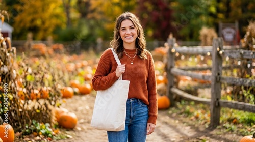 Cheerful young woman holding blank canvas tote bag mockup in autumn pumpkin patch during fall harvest on local farm