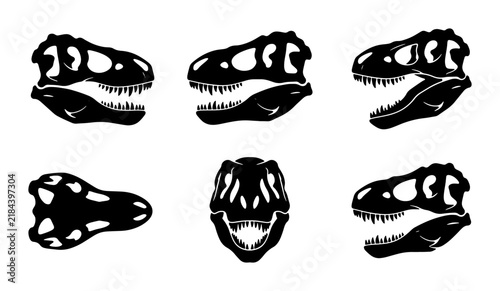Dinosaur Skull Icons, Tyrannosaurus Rex Head Silhouettes, Prehistoric Animal Anatomy Vector Graphics