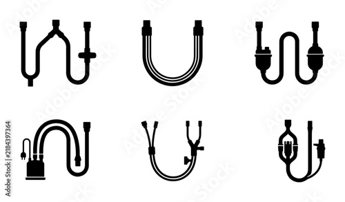 Medical Breathing Circuit Icons, Ventilator Tubing Set, Anesthesia Machine Hose Vector Graphics