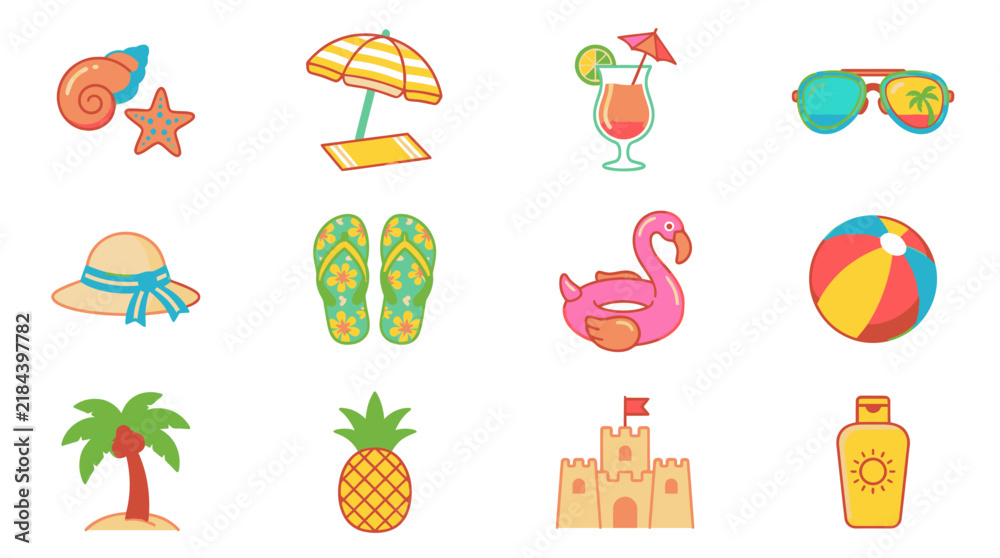 Fototapeta premium Collection of colorful summer and beach themed icons.