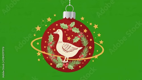 Charming christmas baubles featuring a goose illustration with holiday ornaments and glowing golden stars rotating against a vivid green screen background for festive season projects