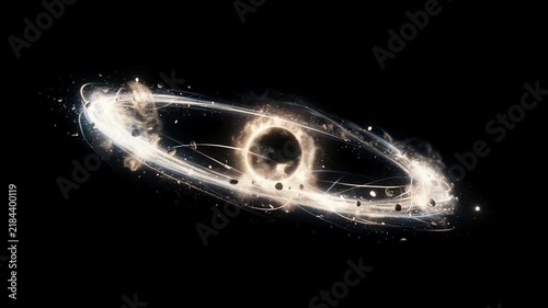 Glowing cosmic ring of stars and dust surrounding a dark central void on a black background, evoking a distant galaxy or celestial vortex