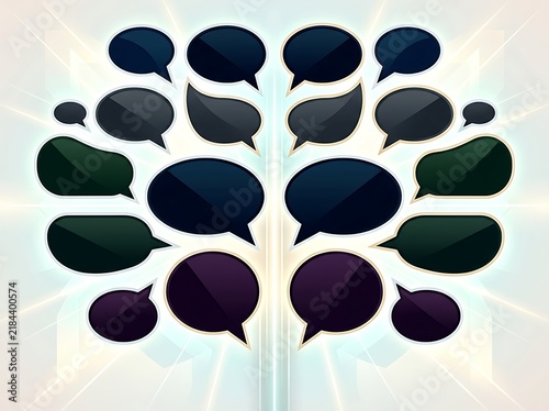 Collection of diverse speech bubbles arranged symmetrically against a radiating bright background symbolizing communication and ideas
