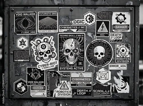 Cyberpunk sticker collage with skull and futuristic elements on a metal panel