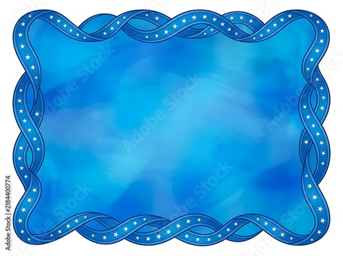 Decorative blue ribbon frame with white stars on a textured watercolor background