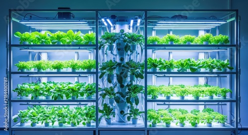 A futuristic vertical farm using hydroponic systems and glowing blue led lights to grow vibrant green leafy vegetables in a sterile lab, environment, production, system