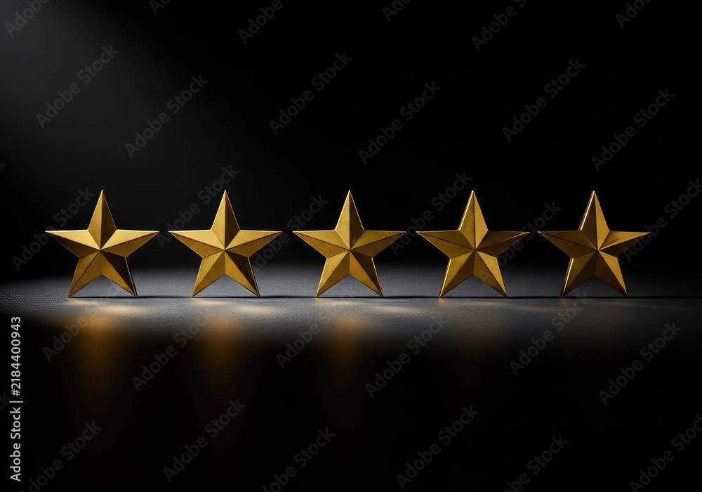 Fototapeta premium A high-contrast studio photograph showcasing five elegant gold stars aligned horizontally against a clean, deep black minimalist background, simple, rank, best