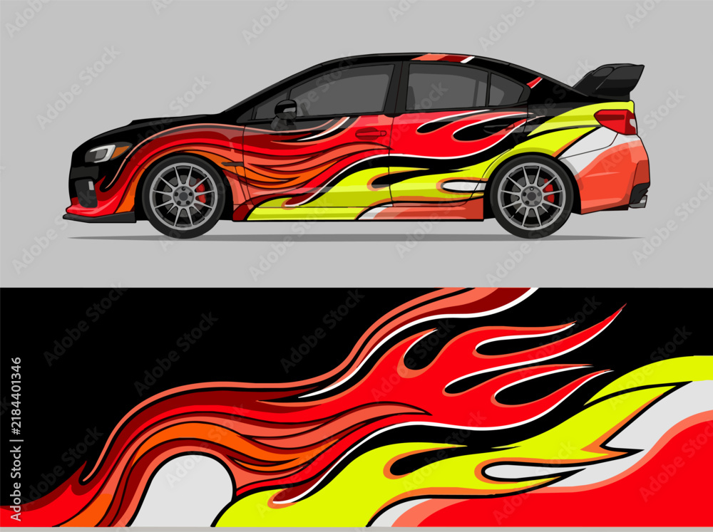 Naklejka premium Sleek sports car with vibrant flame decal design.