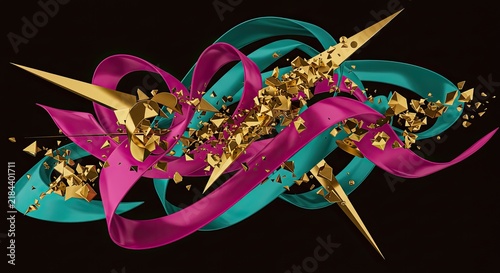 Vibrant abstract art with ribbons gold.