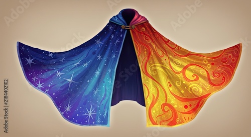 Vibrant colorful fabric with starry night sky and flame patterns.