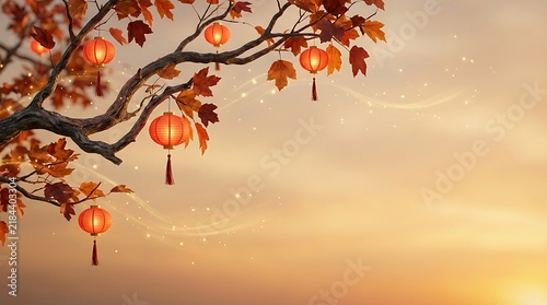Celebrating the mid autumn festival with lanterns family and the beautiful full moon's gentle glow