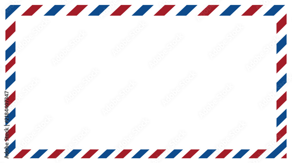 Fototapeta premium Rectangular airmail paper envelope template with distinctive blue and red diagonal striped border patterns isolated on a clean white background