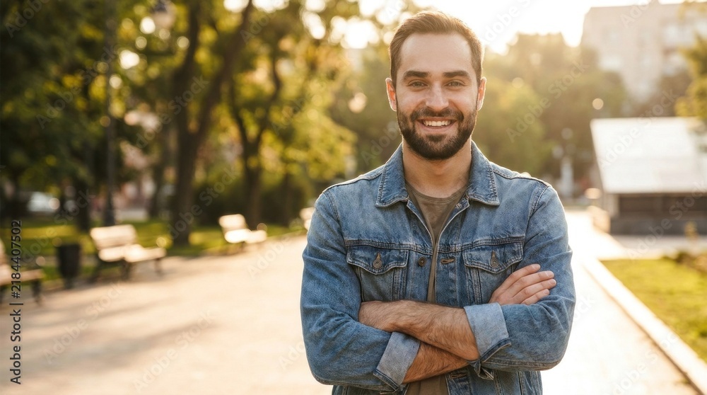 Obraz premium A man with a beard wearing a denim jacket, standing outdoors with his arms crossed, smiling at the camera.