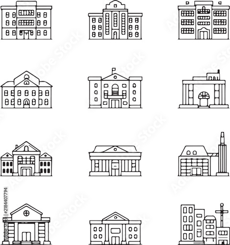 Professional Black Outline Architecture Icons Featuring Civic Buildings and Modern Urban Structures