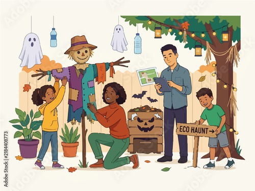 Diverse family building a scarecrow and eco Halloween decorations in flat vector illustration for sustainable autumn holiday concept