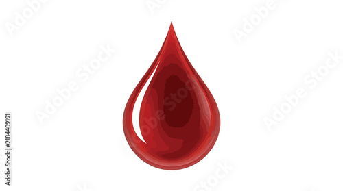 Glossy red liquid drop showing a bright reflection with smooth curves on a clean white background