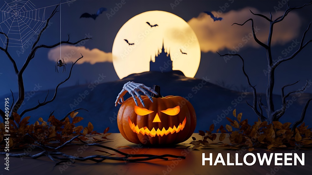 Fototapeta premium Halloween pumpkin with glowing face under full moon in spooky haunted landscape