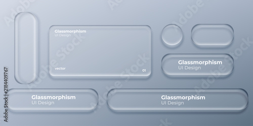 set of liquid glass morphism white elements in various shapes. Transparent glass panel, light frame, smartphone and web application banner with blur effect