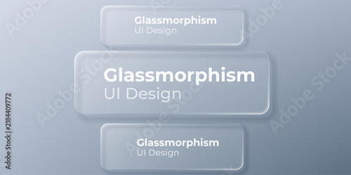 set of liquid glass morphism white elements in various shapes. Transparent glass panel, light frame, smartphone and web application banner with blur effect