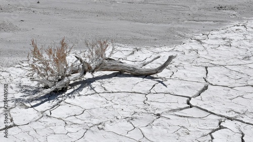 Dry cracked earth forming deep fissures across a parched barren landscape with a weathered dead branch and sparse vegetation