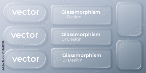 set of liquid glass morphism white elements in various shapes. Transparent glass panel, light frame, smartphone and web application banner with blur effect